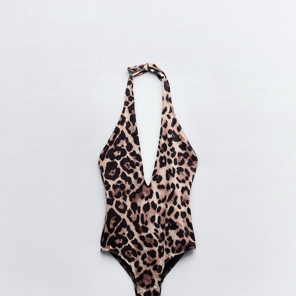 Zara Leopard Print Halter One-Piece Swimsuit - Beige, Black